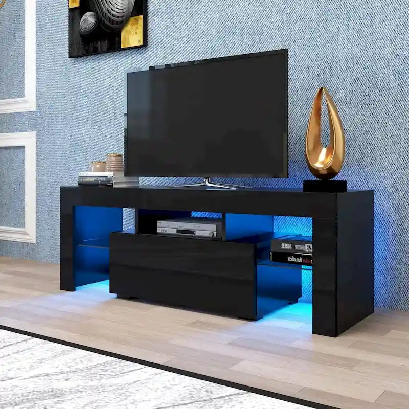 Meuble TV moderne noir/blanc avec porte rabattable et étagère en verre – Convient aux téléviseurs jusqu'à 55 pouces
