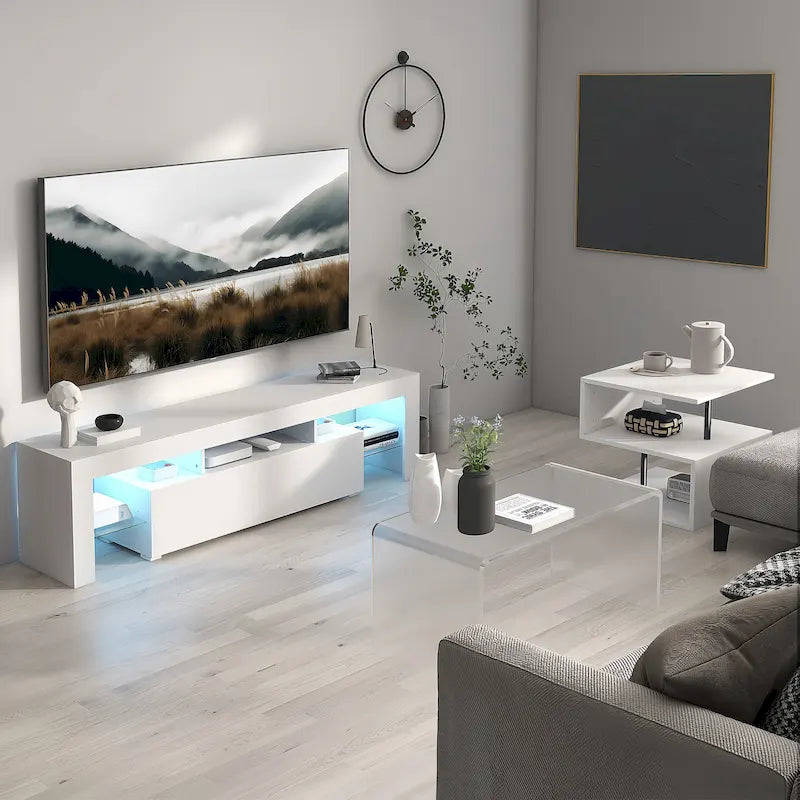 Meuble TV moderne noir/blanc avec porte rabattable et étagère en verre – Convient aux téléviseurs jusqu'à 55 pouces