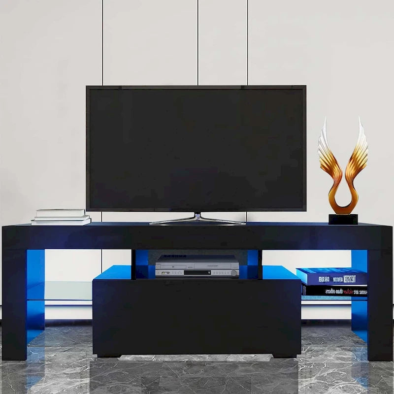 Meuble TV moderne noir/blanc avec porte rabattable et étagère en verre – Convient aux téléviseurs jusqu'à 55 pouces