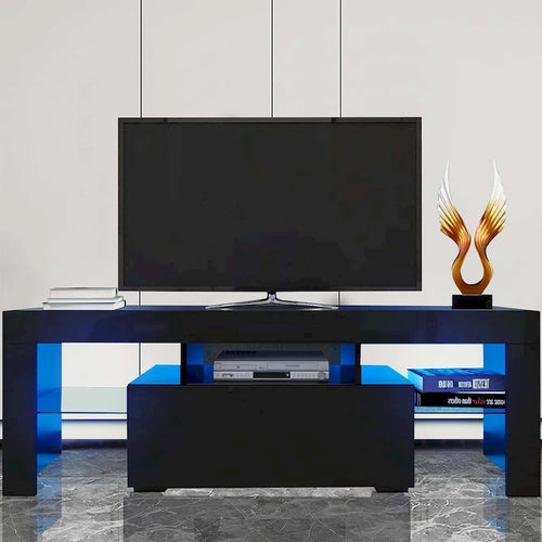 Meuble TV moderne noir/blanc avec porte rabattable et étagère en verre – Convient aux téléviseurs jusqu'à 55 pouces