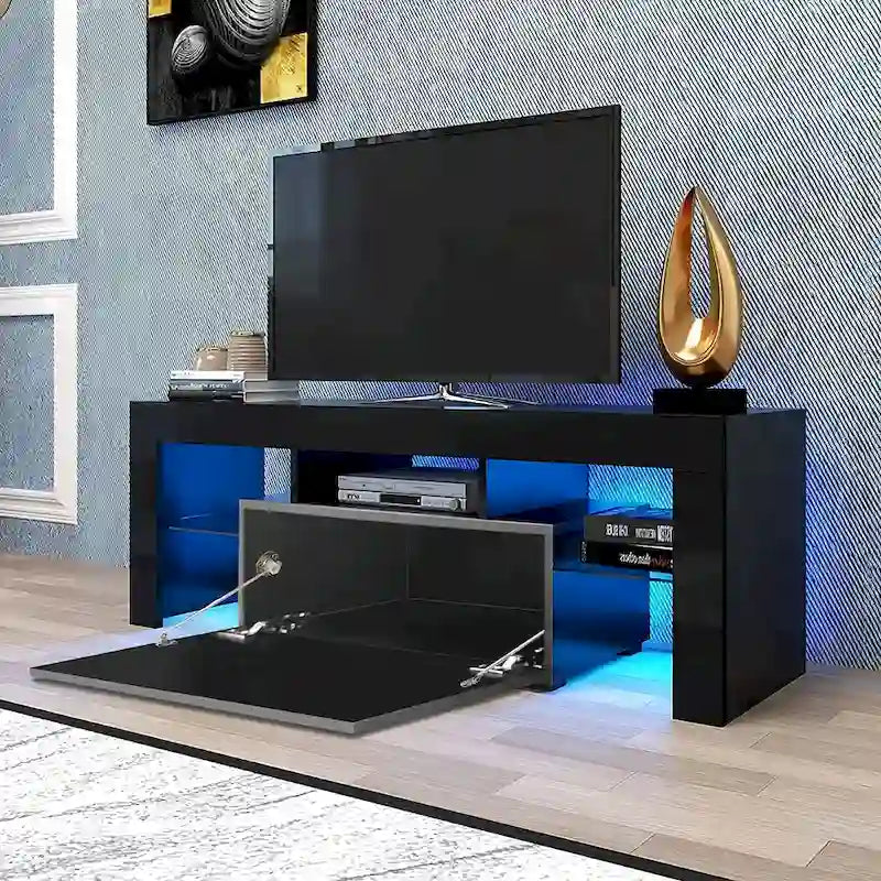 Meuble TV moderne noir/blanc avec porte rabattable et étagère en verre – Convient aux téléviseurs jusqu'à 55 pouces