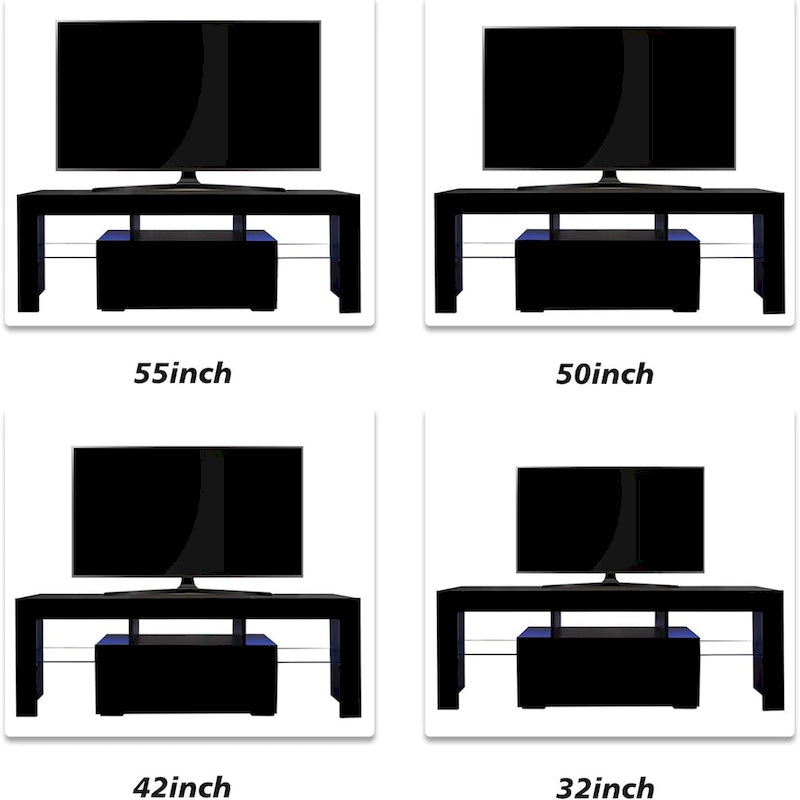Meuble TV moderne noir/blanc avec porte rabattable et étagère en verre – Convient aux téléviseurs jusqu'à 55 pouces