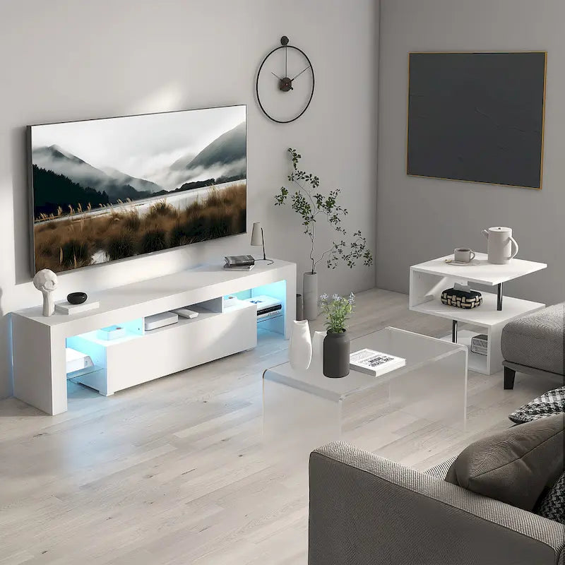 Meuble TV moderne noir/blanc avec porte rabattable et étagère en verre – Convient aux téléviseurs jusqu'à 55 pouces