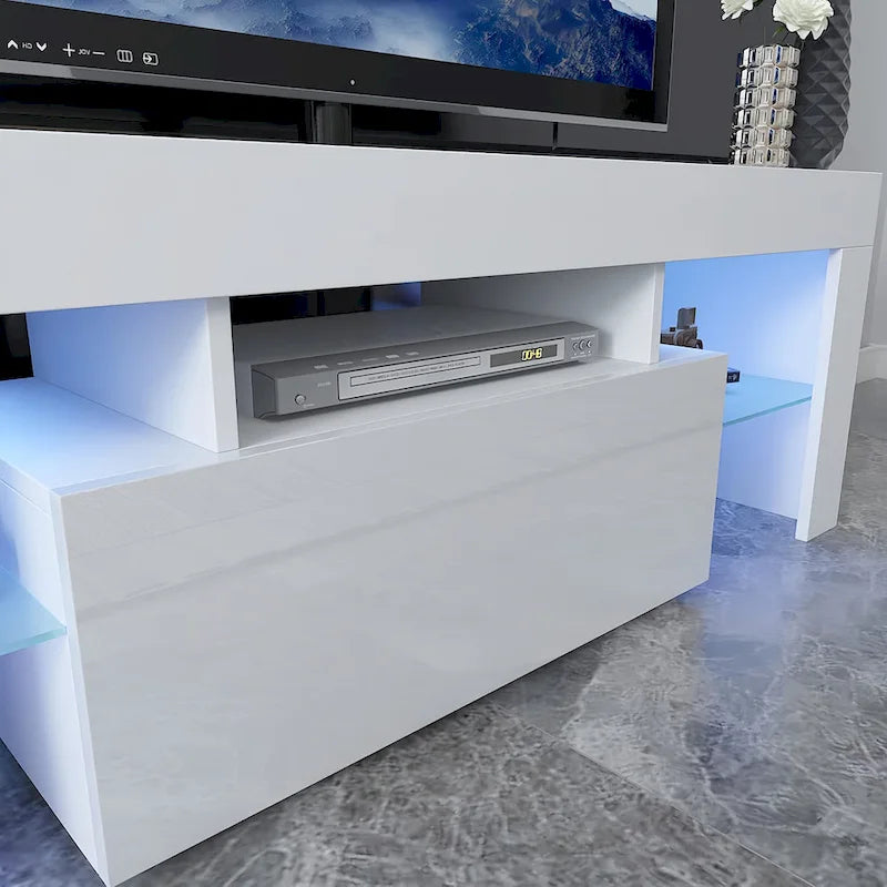 Meuble TV moderne noir/blanc avec porte rabattable et étagère en verre – Convient aux téléviseurs jusqu'à 55 pouces