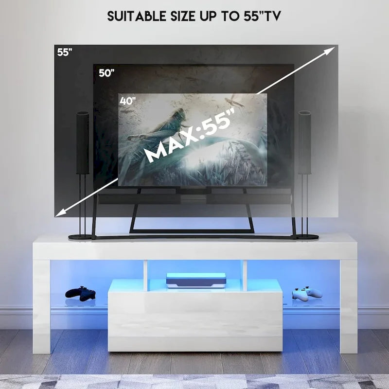 Meuble TV moderne noir/blanc avec porte rabattable et étagère en verre – Convient aux téléviseurs jusqu'à 55 pouces