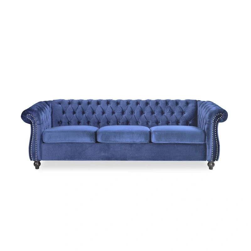 Canapé 3 places bas à dossier capitonné Chesterfield bleu avec bordure cloutée et accoudoirs volutes