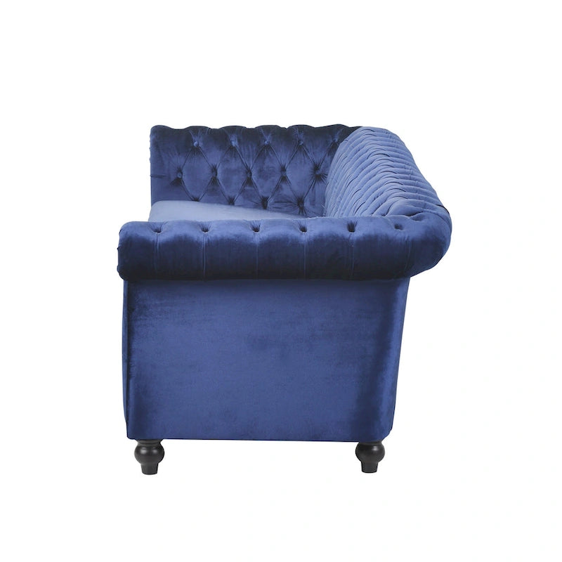 Canapé 3 places bas à dossier capitonné Chesterfield bleu avec bordure cloutée et accoudoirs volutes