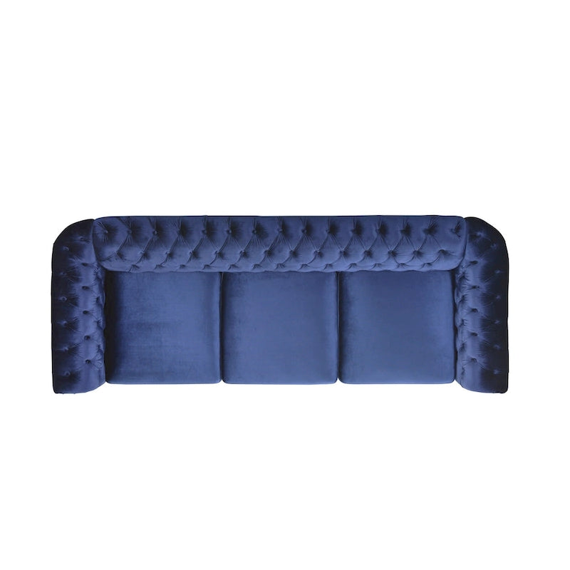 Canapé 3 places bas à dossier capitonné Chesterfield bleu avec bordure cloutée et accoudoirs volutes