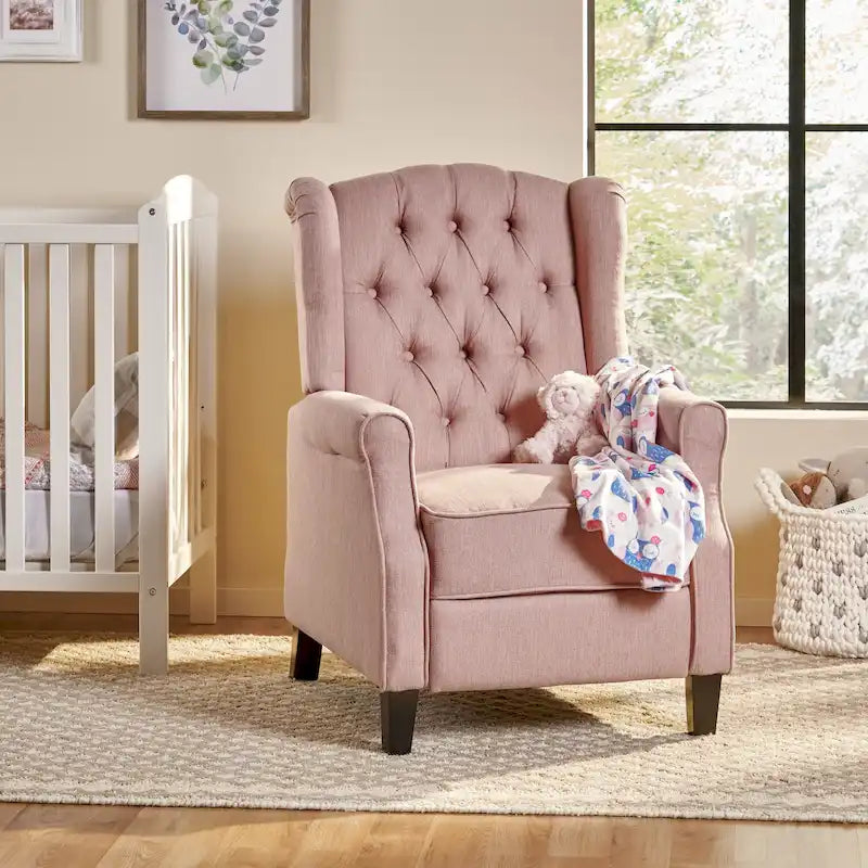 Fauteuil inclinable à dossier capitonné et à oreilles, avec pieds en bouleau, rose clair/beige – 1 place