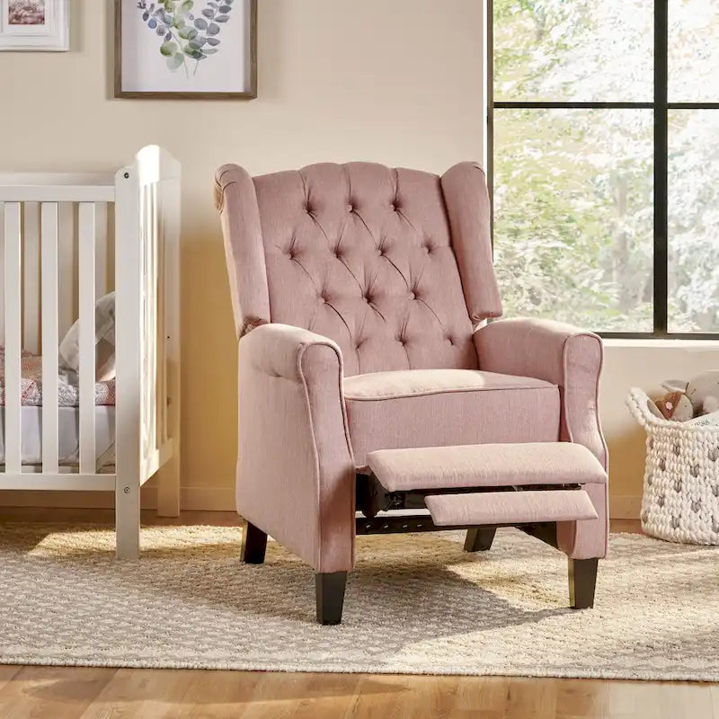 Fauteuil inclinable à dossier capitonné et à oreilles, avec pieds en bouleau, rose clair/beige – 1 place
