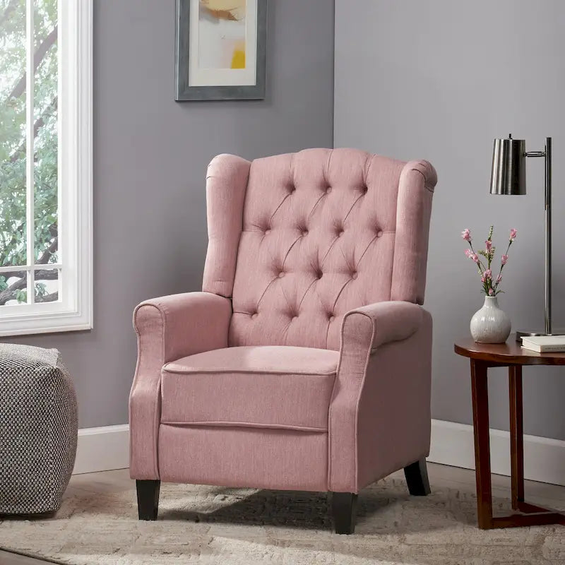 Fauteuil inclinable à dossier capitonné et à oreilles, avec pieds en bouleau, rose clair/beige – 1 place