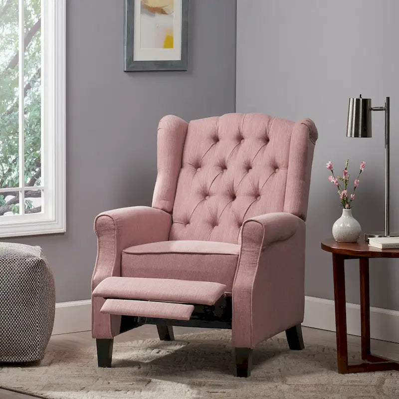 Fauteuil inclinable à dossier capitonné et à oreilles, avec pieds en bouleau, rose clair/beige – 1 place