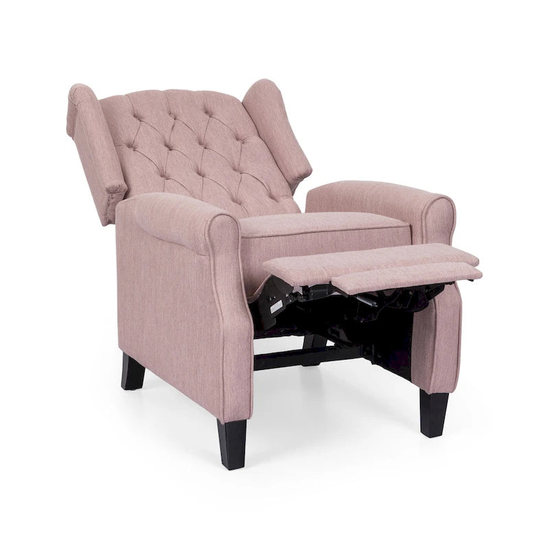 Fauteuil inclinable à dossier capitonné et à oreilles, avec pieds en bouleau, rose clair/beige – 1 place