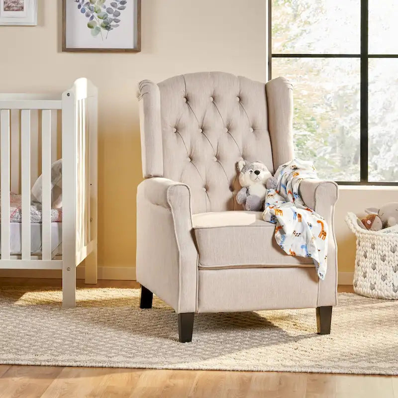 Fauteuil inclinable à dossier capitonné et à oreilles, avec pieds en bouleau, rose clair/beige – 1 place