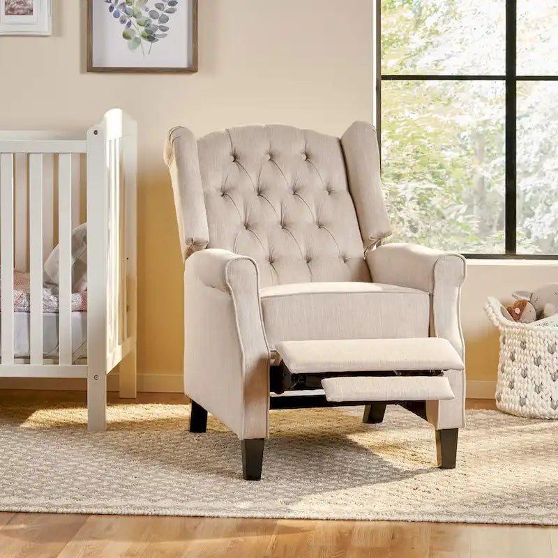 Fauteuil inclinable à dossier capitonné et à oreilles, avec pieds en bouleau, rose clair/beige – 1 place