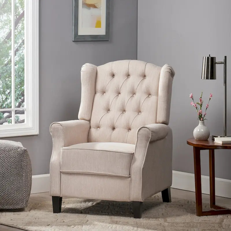 Fauteuil inclinable à dossier capitonné et à oreilles, avec pieds en bouleau, rose clair/beige – 1 place