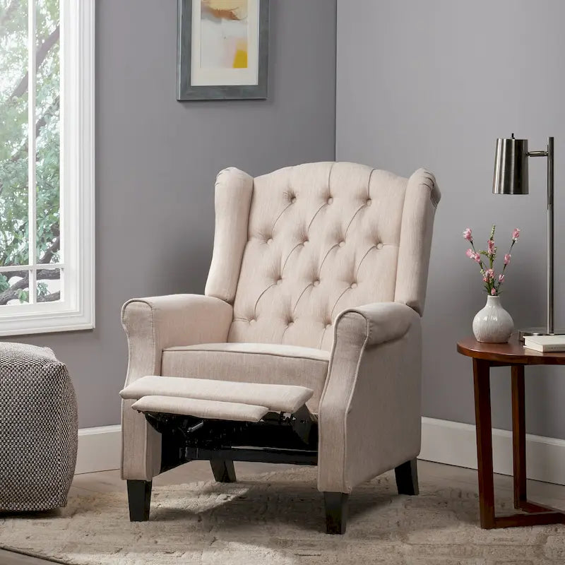 Fauteuil inclinable à dossier capitonné et à oreilles, avec pieds en bouleau, rose clair/beige – 1 place