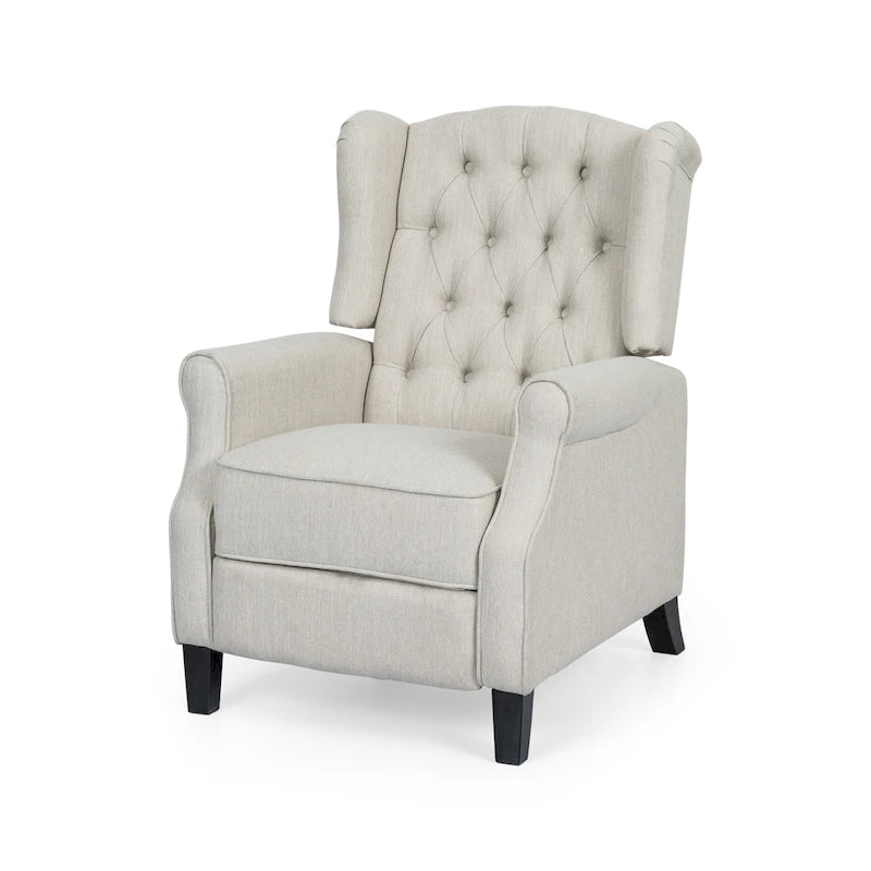 Fauteuil inclinable à dossier capitonné et à oreilles, avec pieds en bouleau, rose clair/beige – 1 place