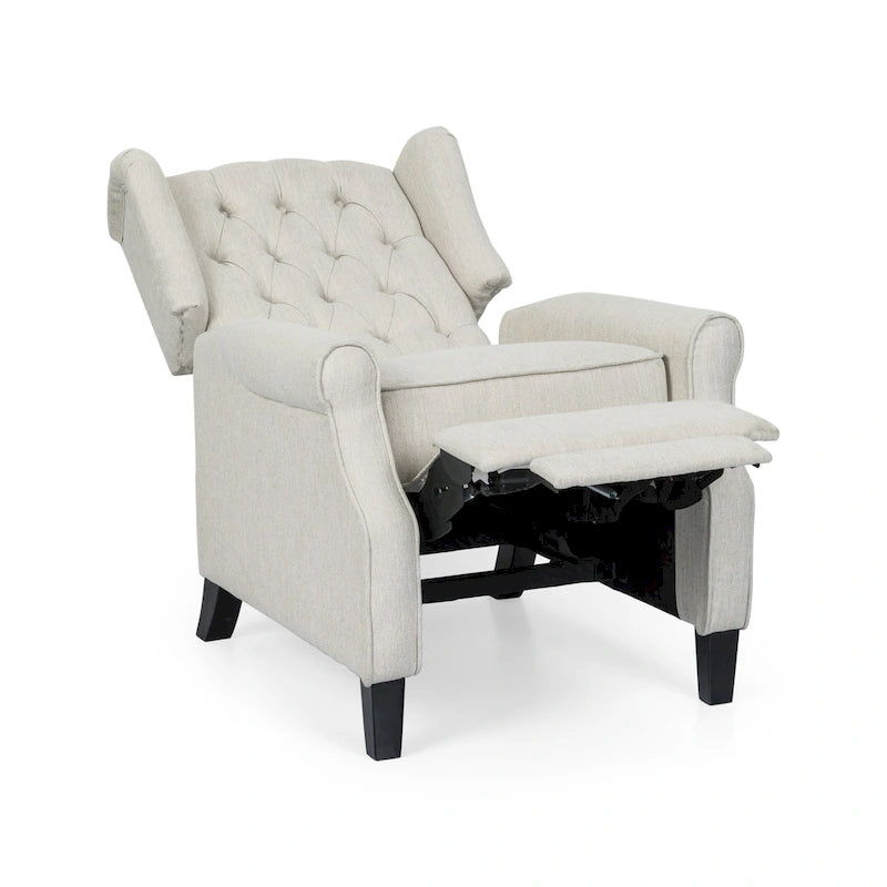 Fauteuil inclinable à dossier capitonné et à oreilles, avec pieds en bouleau, rose clair/beige – 1 place