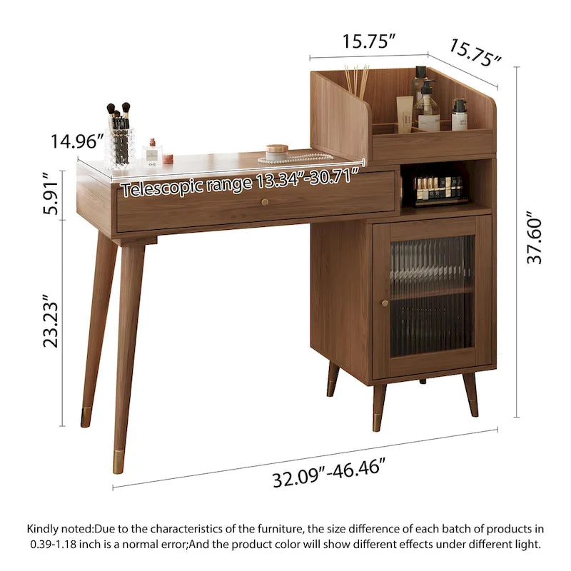 Coiffeuse télescopique avec tiroirs et meuble latéral couleur Noyer/Bois Noir