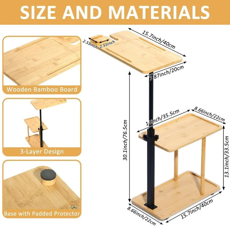 Table d'appoint en bambou et noir à 3 niveaux en forme de C avec support de téléphone rotatif à 360° – 1 personne