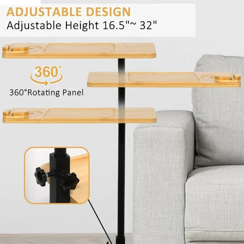 Table d'appoint en bambou et noir à 3 niveaux en forme de C avec support de téléphone rotatif à 360° – 1 personne