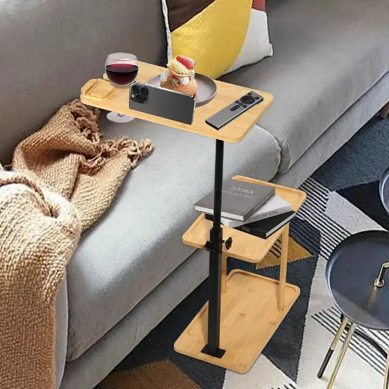 Table d'appoint en bambou et noir à 3 niveaux en forme de C avec support de téléphone rotatif à 360° – 1 personne