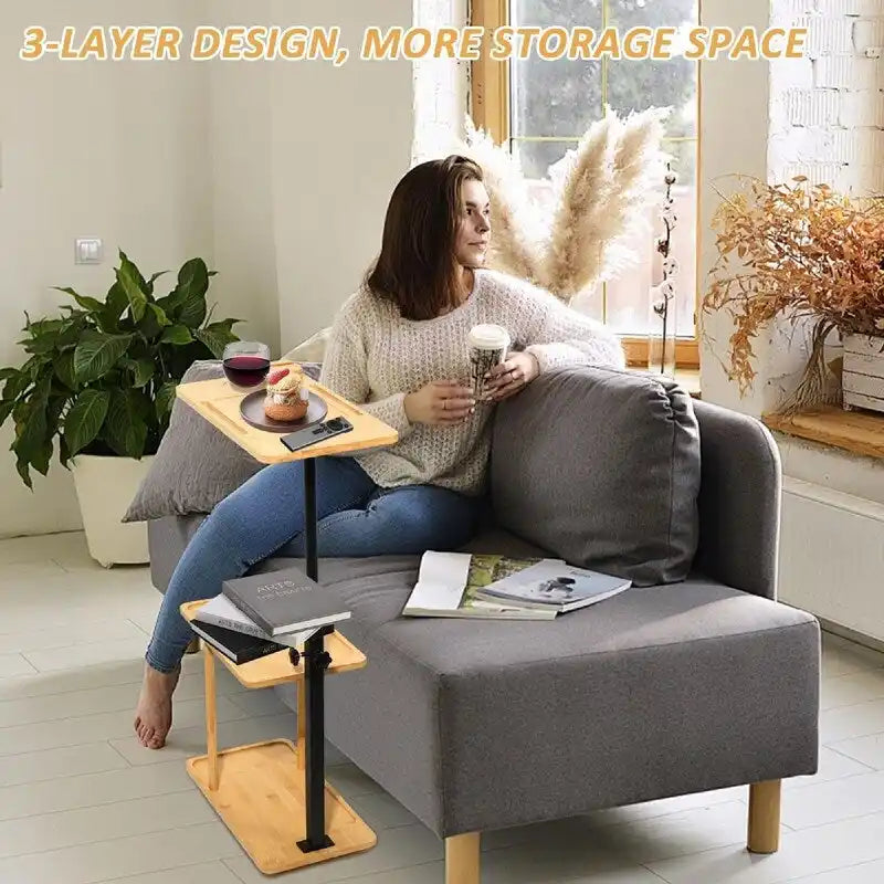 Table d'appoint en bambou et noir à 3 niveaux en forme de C avec support de téléphone rotatif à 360° – 1 personne