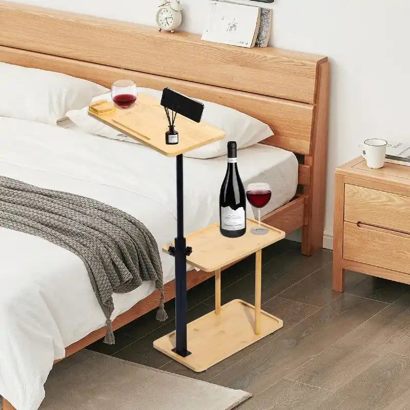 Table d'appoint en bambou et noir à 3 niveaux en forme de C avec support de téléphone rotatif à 360° – 1 personne