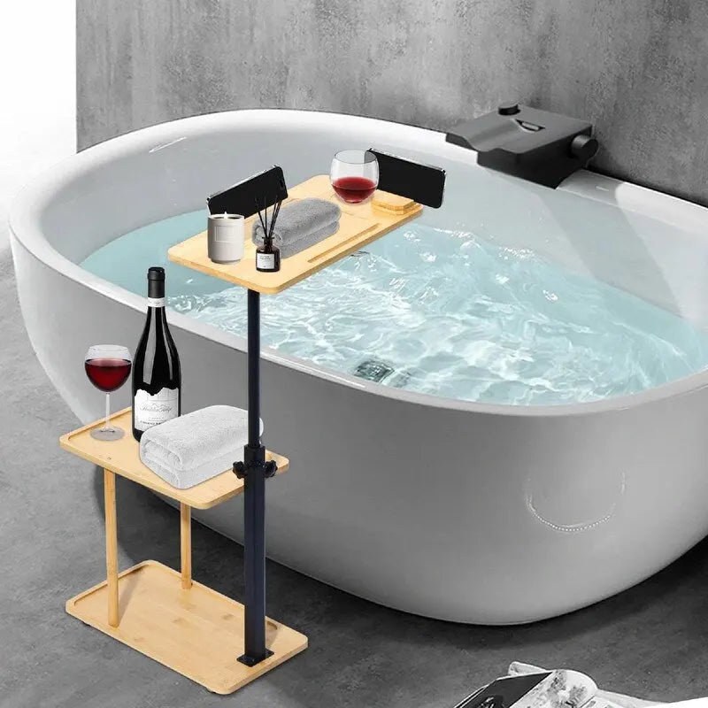 Table d'appoint en bambou et noir à 3 niveaux en forme de C avec support de téléphone rotatif à 360° – 1 personne