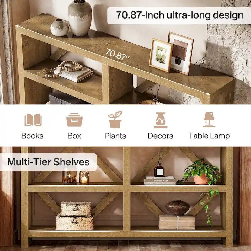 Console de canapé marron industrielle à 3 niveaux en bois composite – 71 pouces