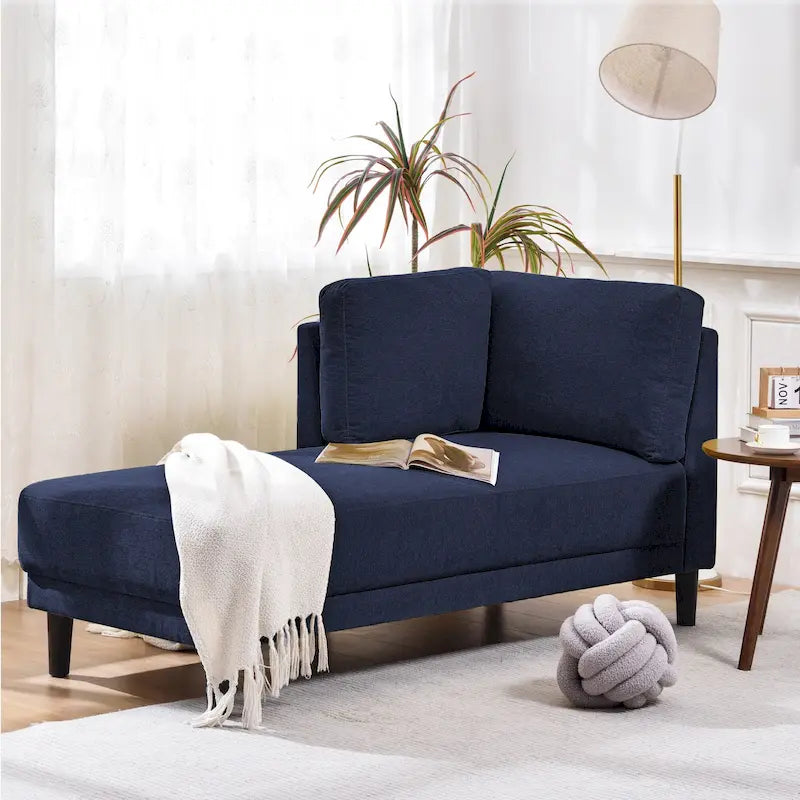 Chaise longue d'angle moderne en lin bleu avec coussins déhoussables – 1 place