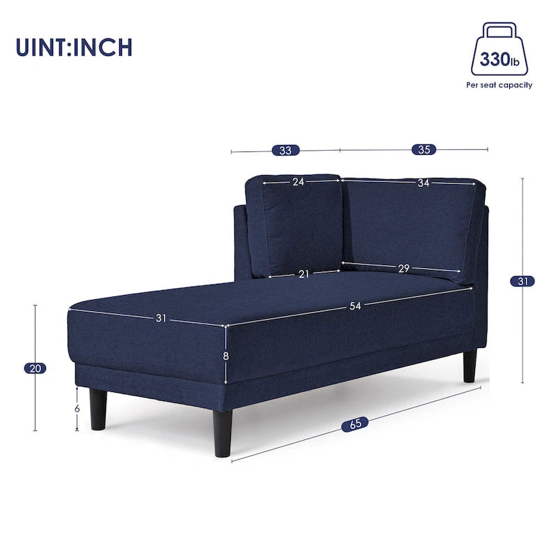 Chaise longue d'angle moderne en lin bleu avec coussins déhoussables – 1 place