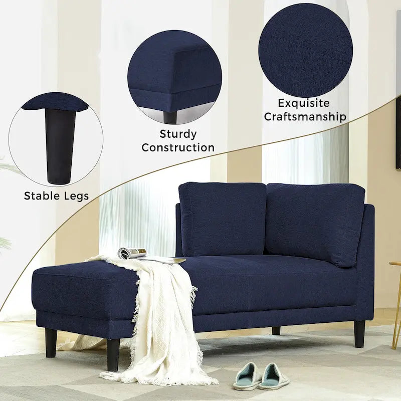 Chaise longue d'angle moderne en lin bleu avec coussins déhoussables – 1 place