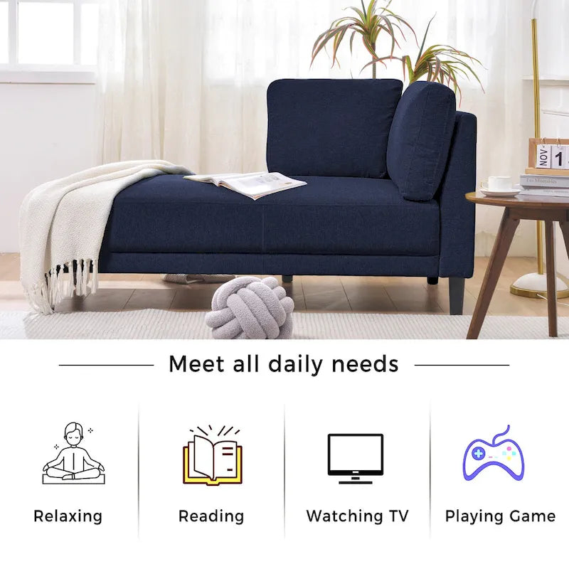 Chaise longue d'angle moderne en lin bleu avec coussins déhoussables – 1 place