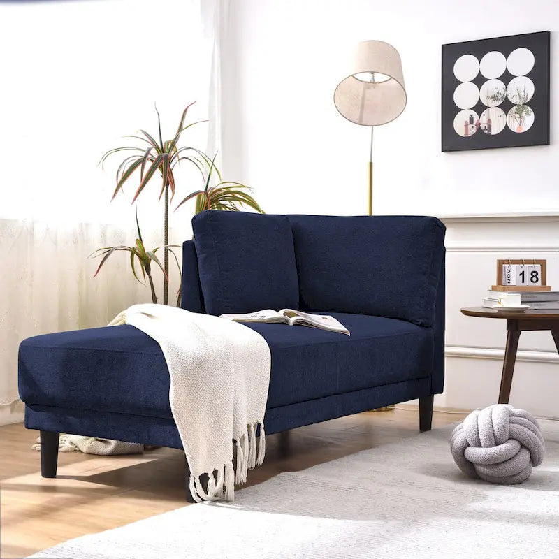 Chaise longue d'angle moderne en lin bleu avec coussins déhoussables – 1 place