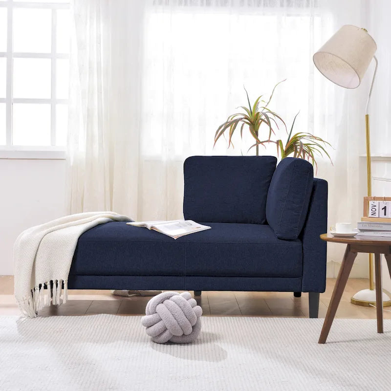 Chaise longue d'angle moderne en lin bleu avec coussins déhoussables – 1 place