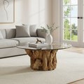 Table basse en teck naturel et verre transparent
