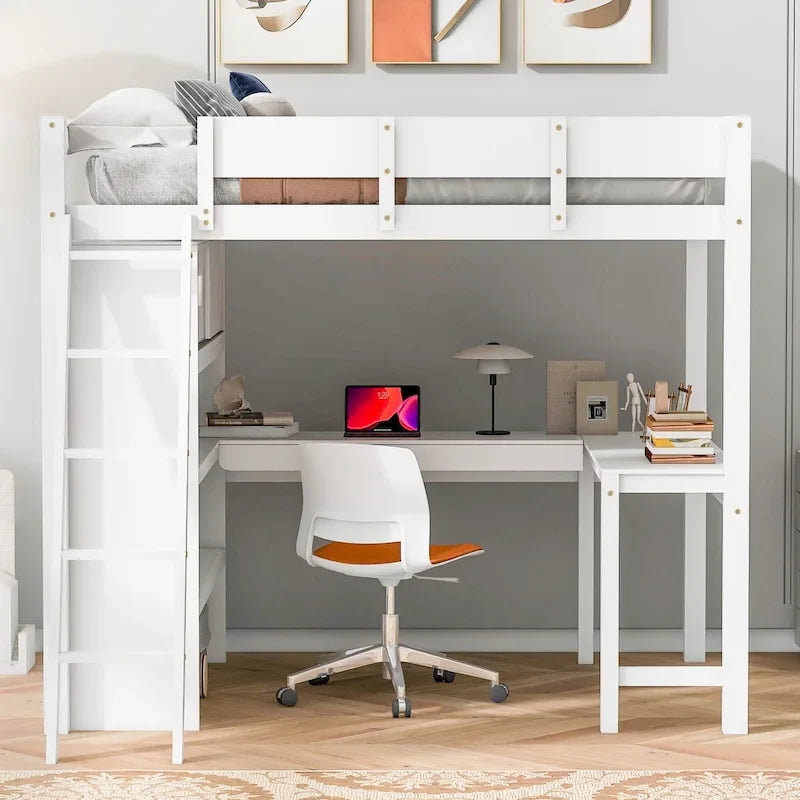 Lit mezzanine pleine grandeur blanc avec bureau et étagères de rangement