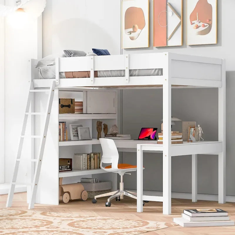 Lit mezzanine pleine grandeur blanc avec bureau et étagères de rangement