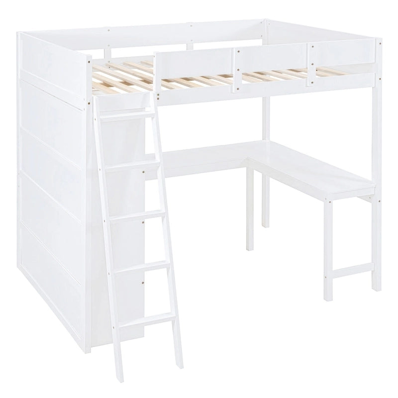 Lit mezzanine pleine grandeur blanc avec bureau et étagères de rangement