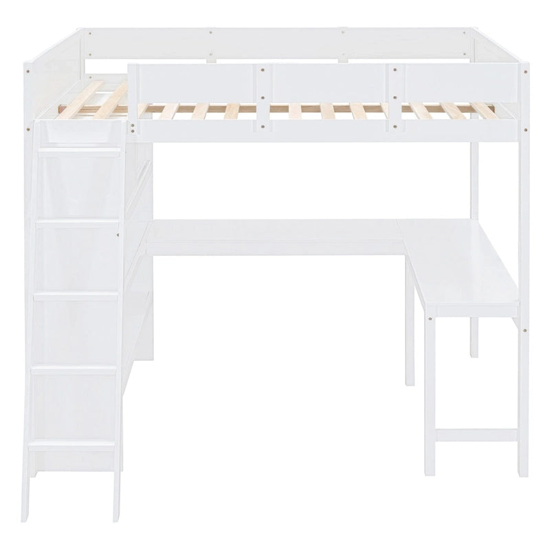 Lit mezzanine pleine grandeur blanc avec bureau et étagères de rangement