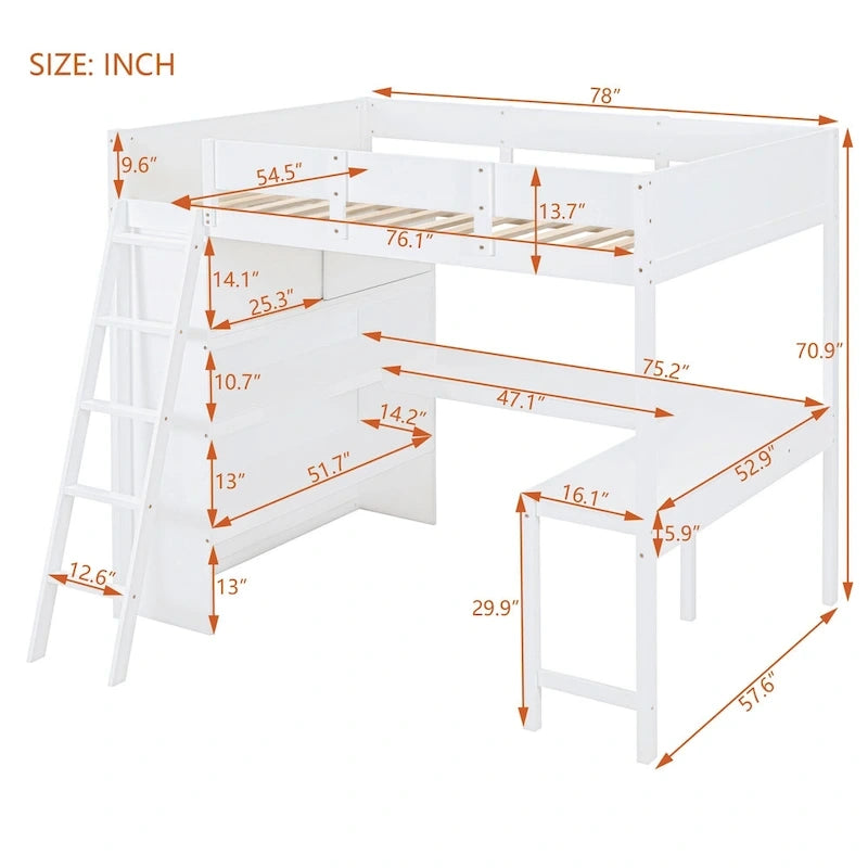 Lit mezzanine pleine grandeur blanc avec bureau et étagères de rangement