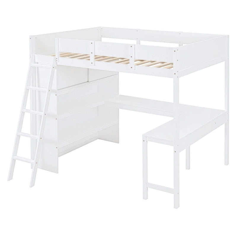 Lit mezzanine pleine grandeur blanc avec bureau et étagères de rangement