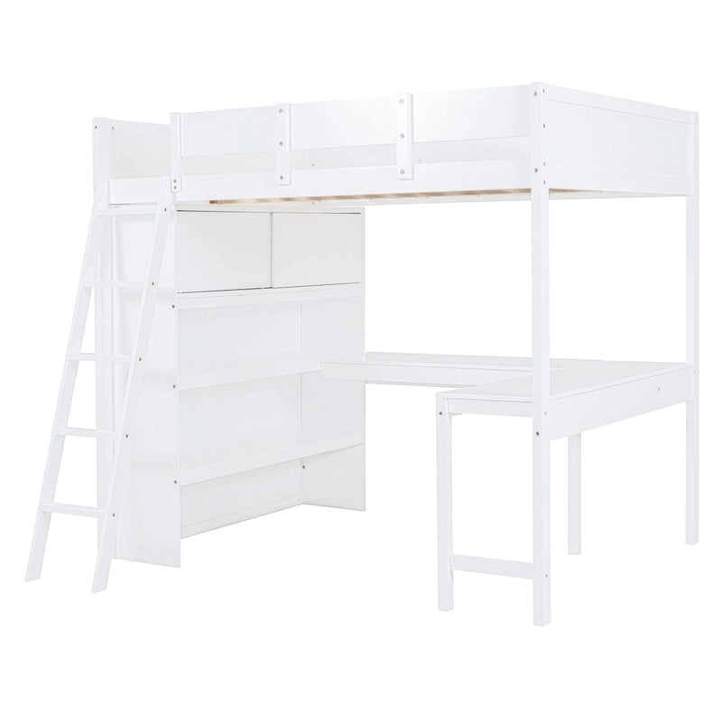 Lit mezzanine pleine grandeur blanc avec bureau et étagères de rangement