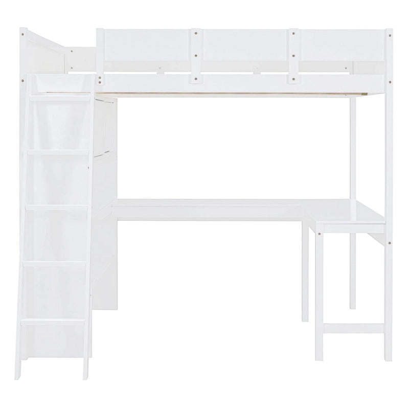 Lit mezzanine pleine grandeur blanc avec bureau et étagères de rangement