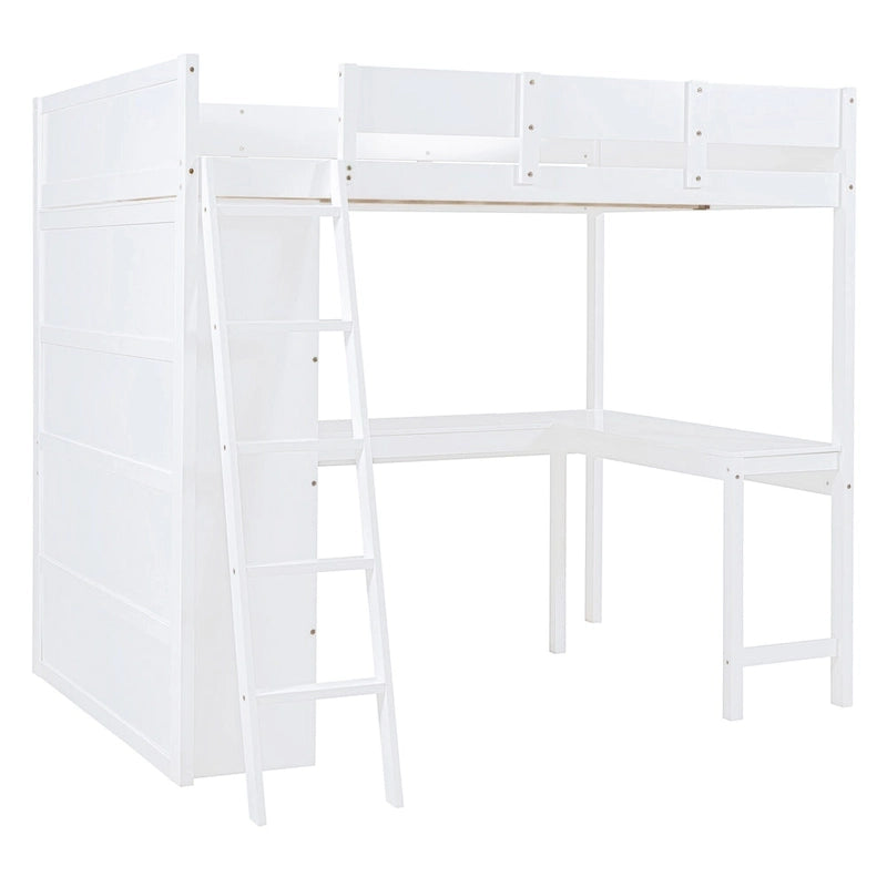 Lit mezzanine pleine grandeur blanc avec bureau et étagères de rangement
