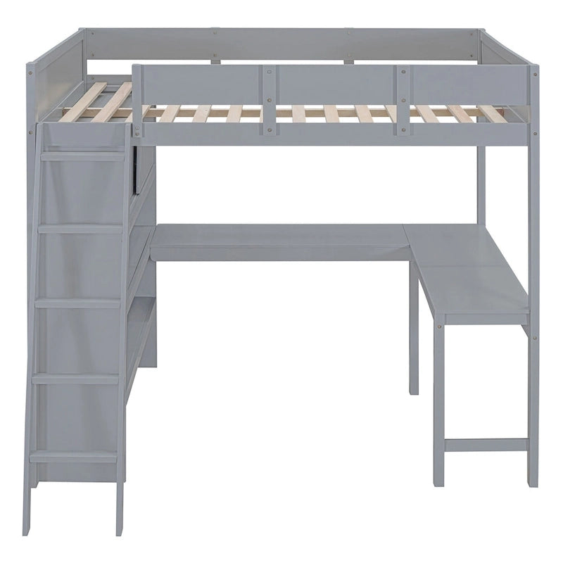 Lit mezzanine pleine grandeur blanc avec bureau et étagères de rangement