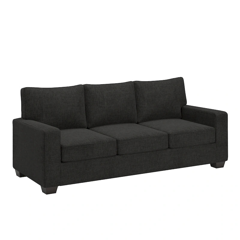 Canapé moderne en tissu à accoudoirs carrés, gris/noir/beige/marron/bleu, avec pieds en bois d'hévéa couleur expresso – 3 places