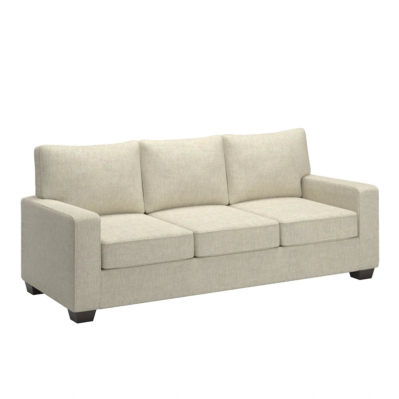 Canapé moderne en tissu à accoudoirs carrés, gris/noir/beige/marron/bleu, avec pieds en bois d'hévéa couleur expresso – 3 places